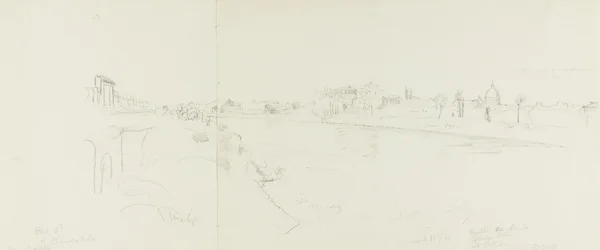 Dibujo. Bocetos de Roma. A. San Pedro y la Plaza del Vaticano vistos desde el noreste. B, C.